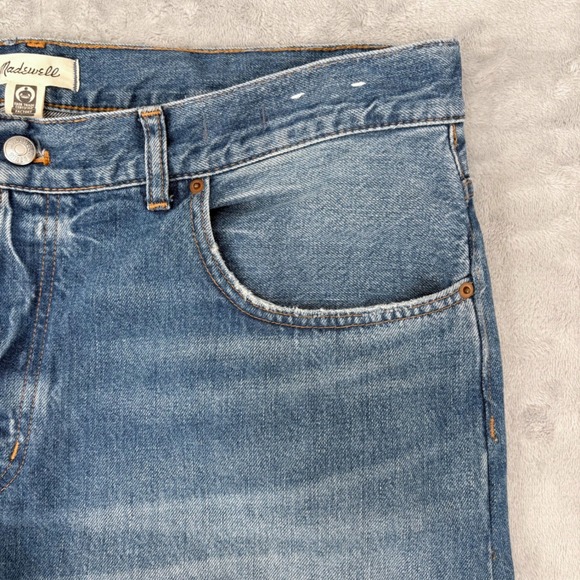 Madewell Jeans Women 32 (Fit 38x29.5) Blue Dean Easy Straight Distressed Raw Hem - Picture 3 of 13